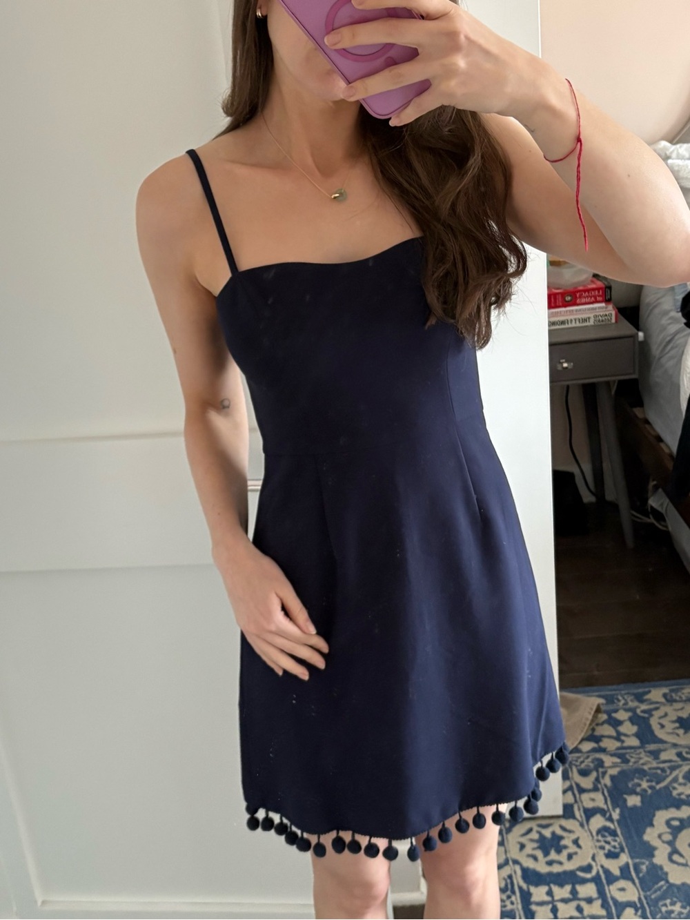 French Connection Navy Spaghetti Strap Mini Dress with Pom-Pom Hem